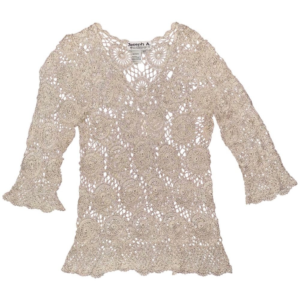 Joseph A Cream Sheer Knit Crochet 3/4 Sleeve Boho Blouse Hippie Festival Coastal